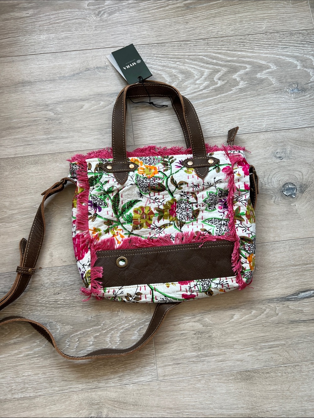Myra Bag White Floral Crossbody with Pink Fringe and Brown Trim - Picture 6 of 9